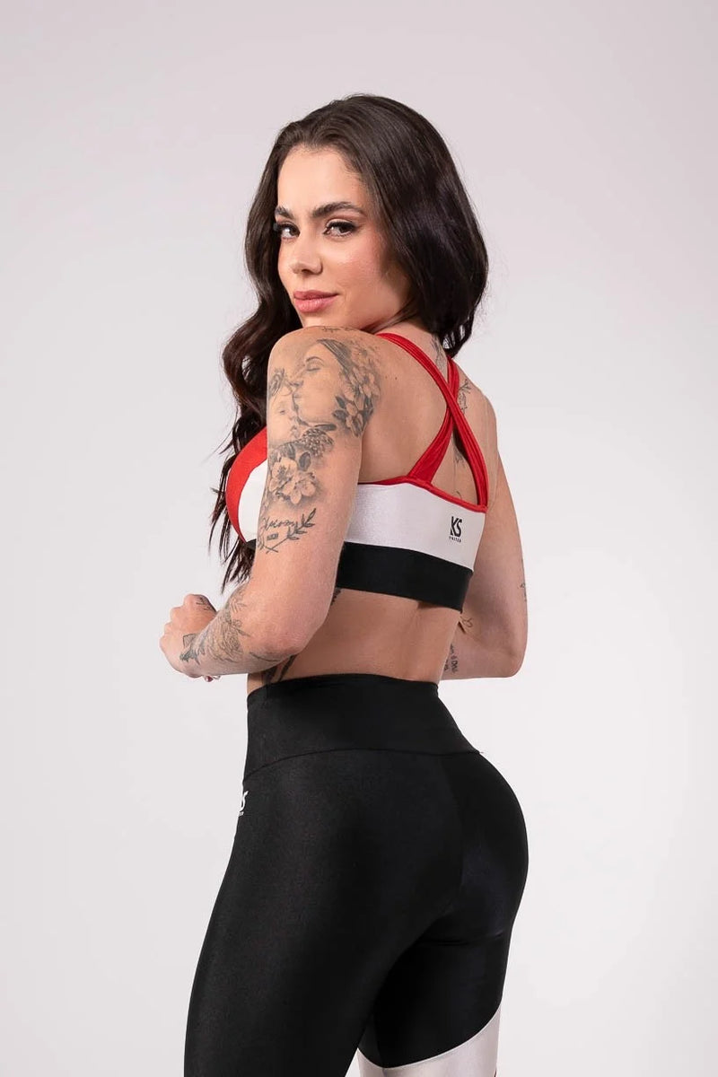 Tricolor Top with Wide Crossed Straps (Red / Off-White / Black)